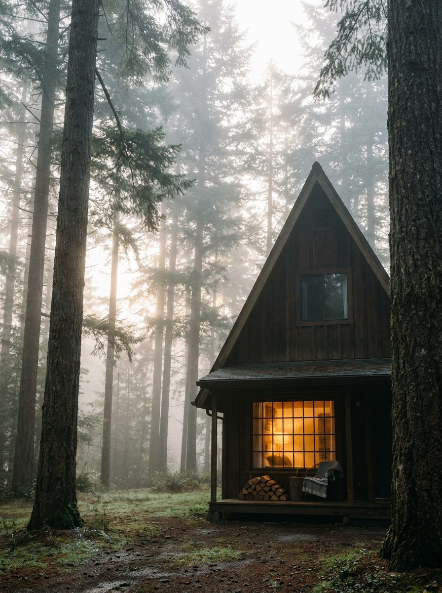 A-frame cabin in a misty forest
